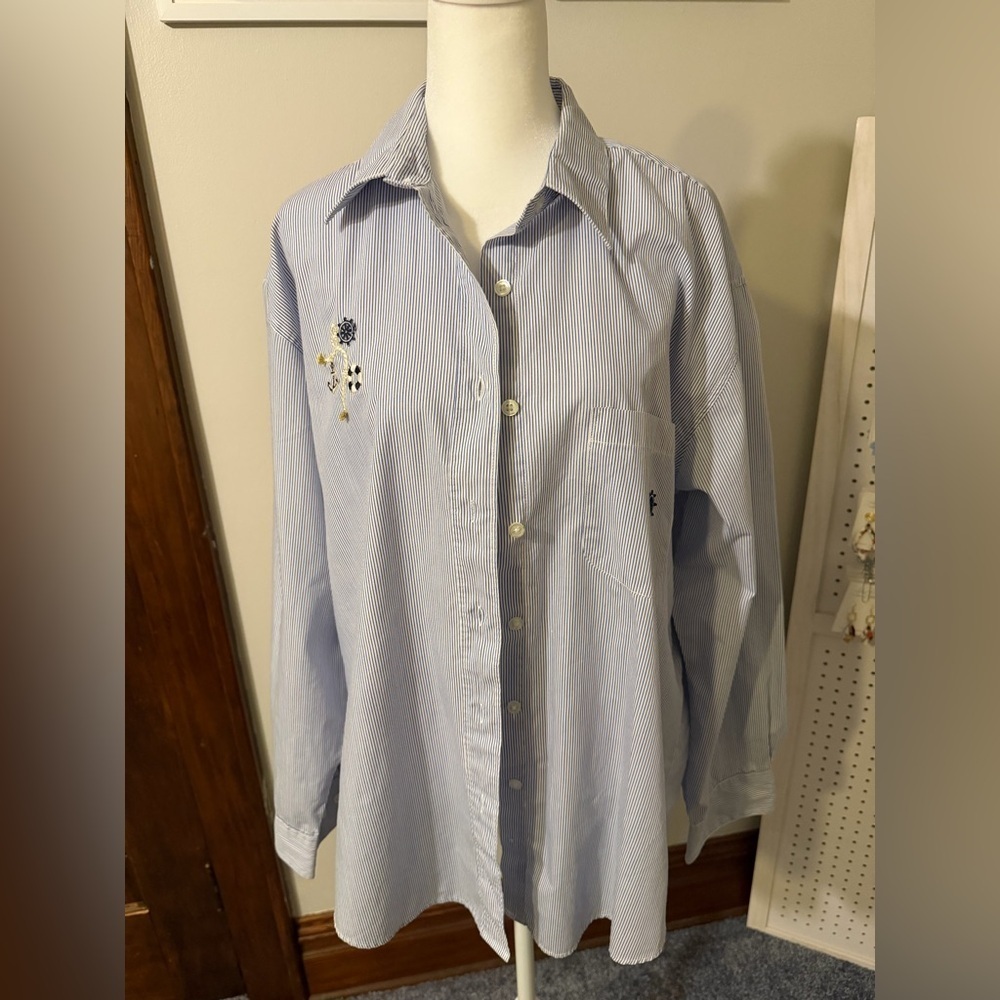Blue Striped Button Down Shirt with Embroidery